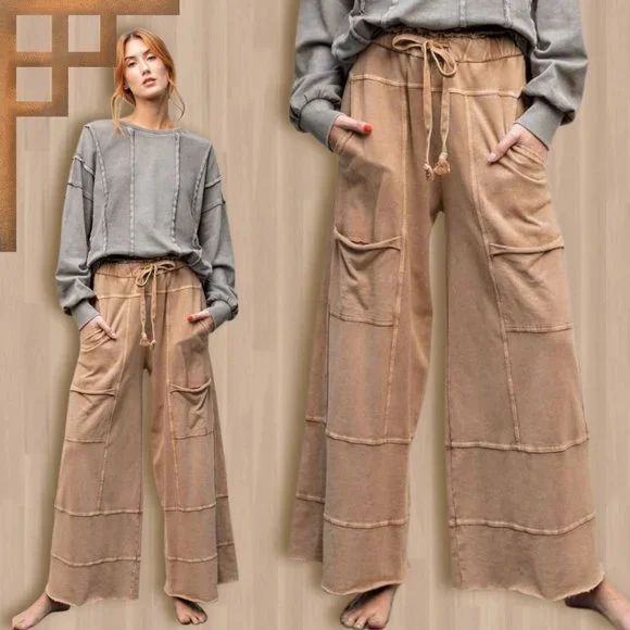 EASEL "Perfect Cargo" Terry Knit Mineral Washed Flared Leg Pants Raw Hem & Seams - Picture 2 of 15